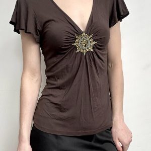 Vintage Brown Rhinestone Spliced V-Neck T-Shirt for Women, Slim Fit Flutter Sleeve Knitted Top, Y2K Style Fashion