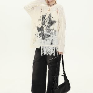Vintage Butterfly Print Distressed Fringe Sweater for Women, Loose Knitted Pullover, Casual Spring Autumn Knitwear, Y2K Style