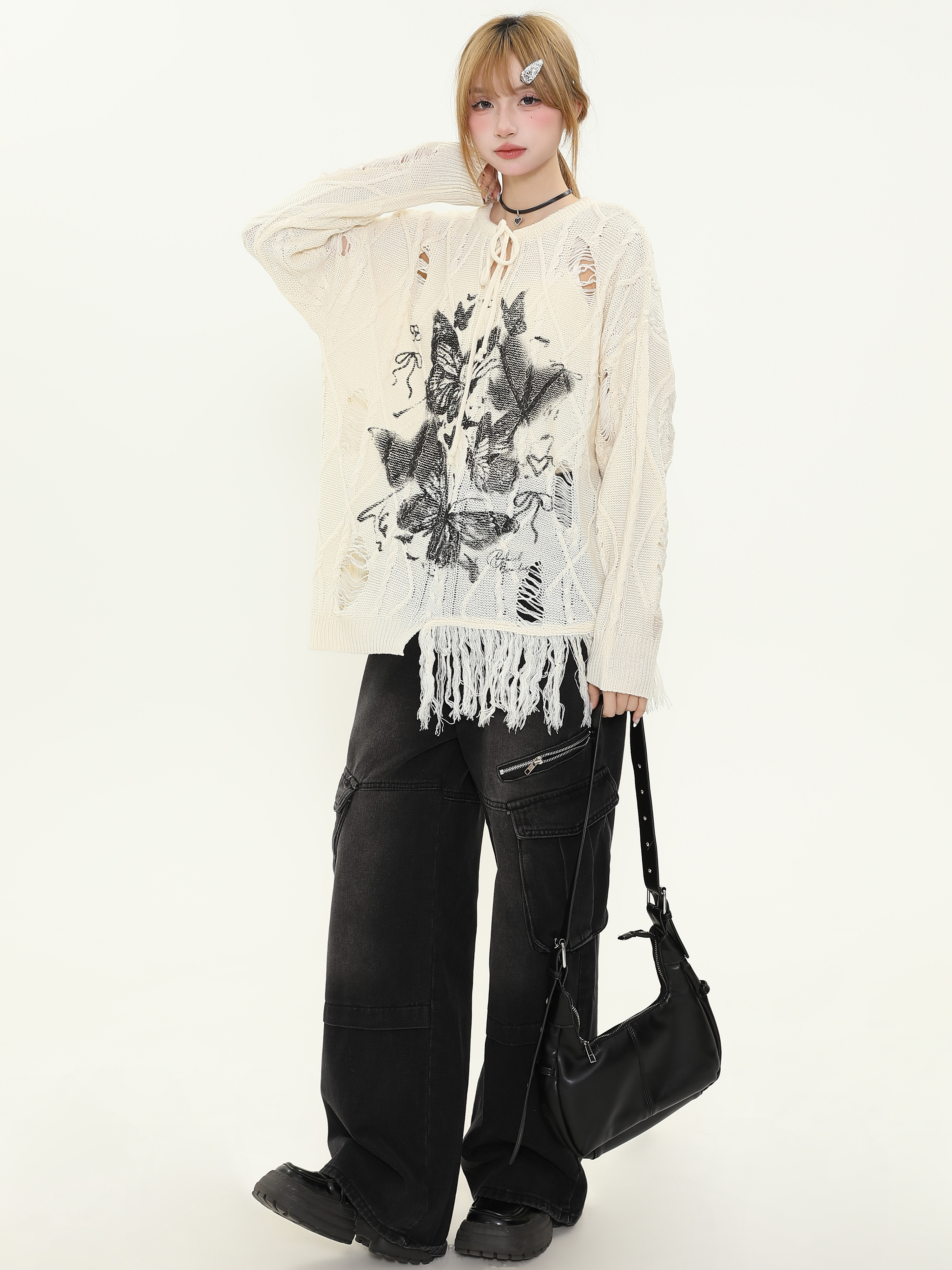 Vintage Butterfly Print Distressed Fringe Sweater for Women, Loose Knitted Pullover, Casual Spring Autumn Knitwear, Y2K Style