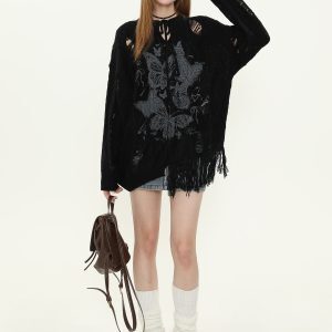 Vintage Butterfly Print Distressed Fringe Sweater for Women, Loose Knitted Pullover, Casual Spring Autumn Knitwear, Y2K Style