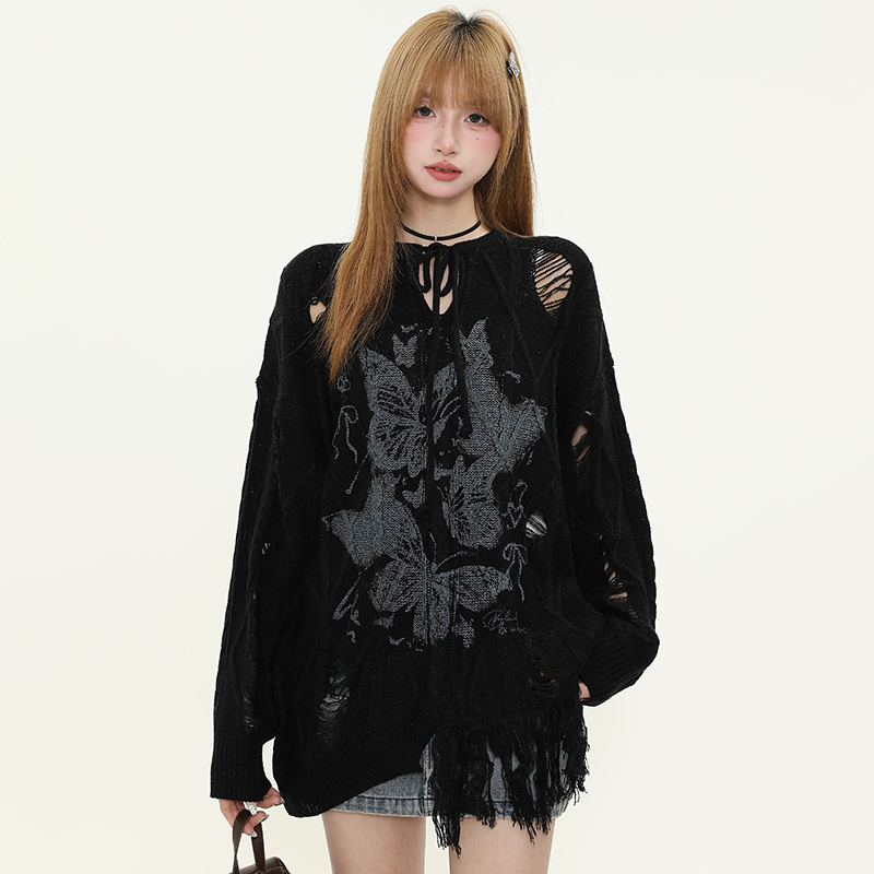 Vintage Butterfly Print Distressed Fringe Sweater for Women, Loose Knitted Pullover, Casual Spring Autumn Knitwear, Y2K Style