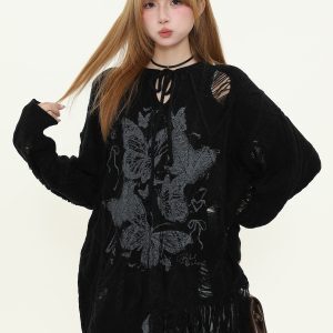 Vintage Butterfly Print Distressed Fringe Sweater for Women, Loose Knitted Pullover, Casual Spring Autumn Knitwear, Y2K Style