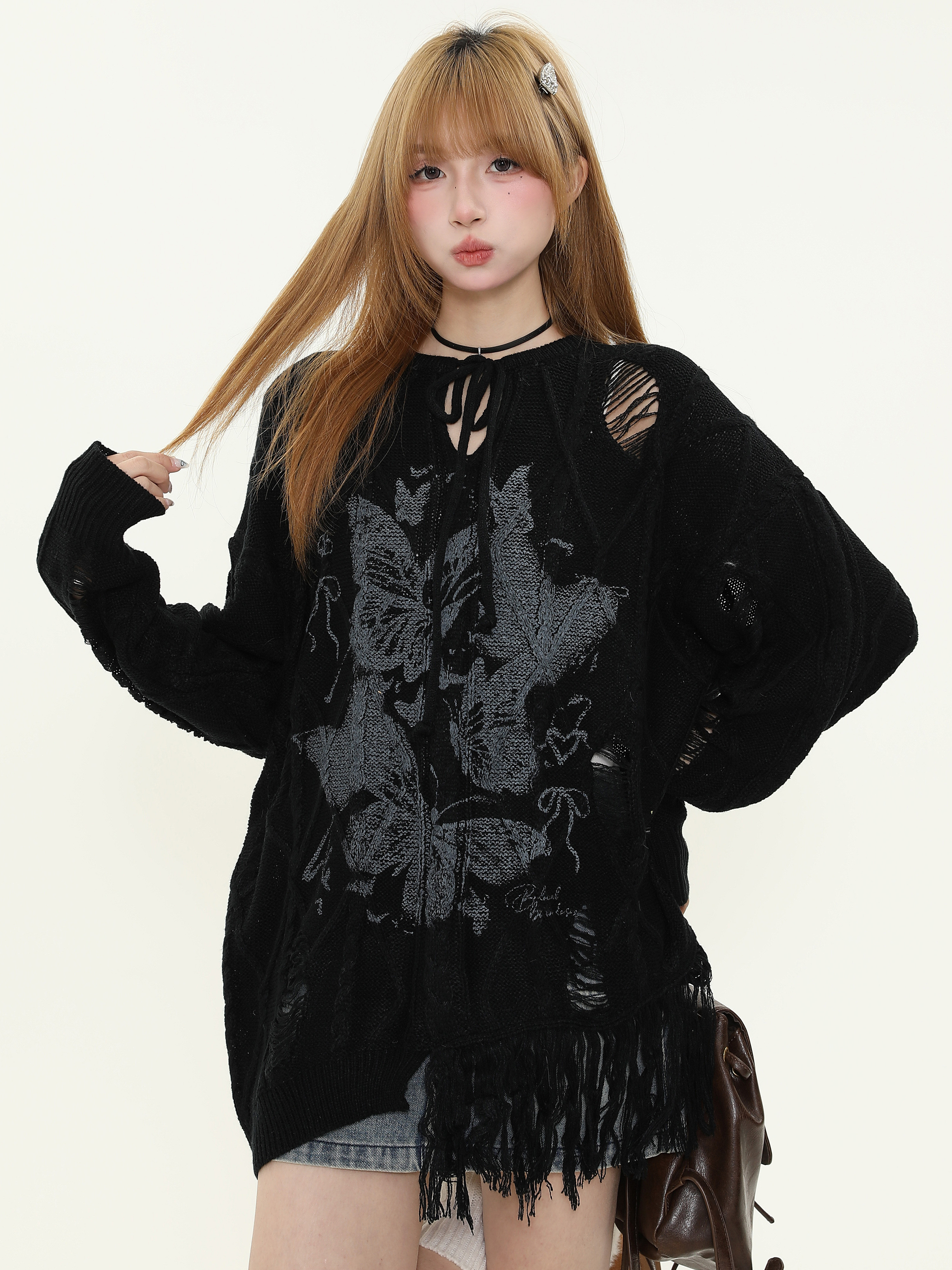Vintage Butterfly Print Distressed Fringe Sweater for Women, Loose Knitted Pullover, Casual Spring Autumn Knitwear, Y2K Style