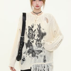 Vintage Butterfly Print Distressed Fringe Sweater for Women, Loose Knitted Pullover, Casual Spring Autumn Knitwear, Y2K Style