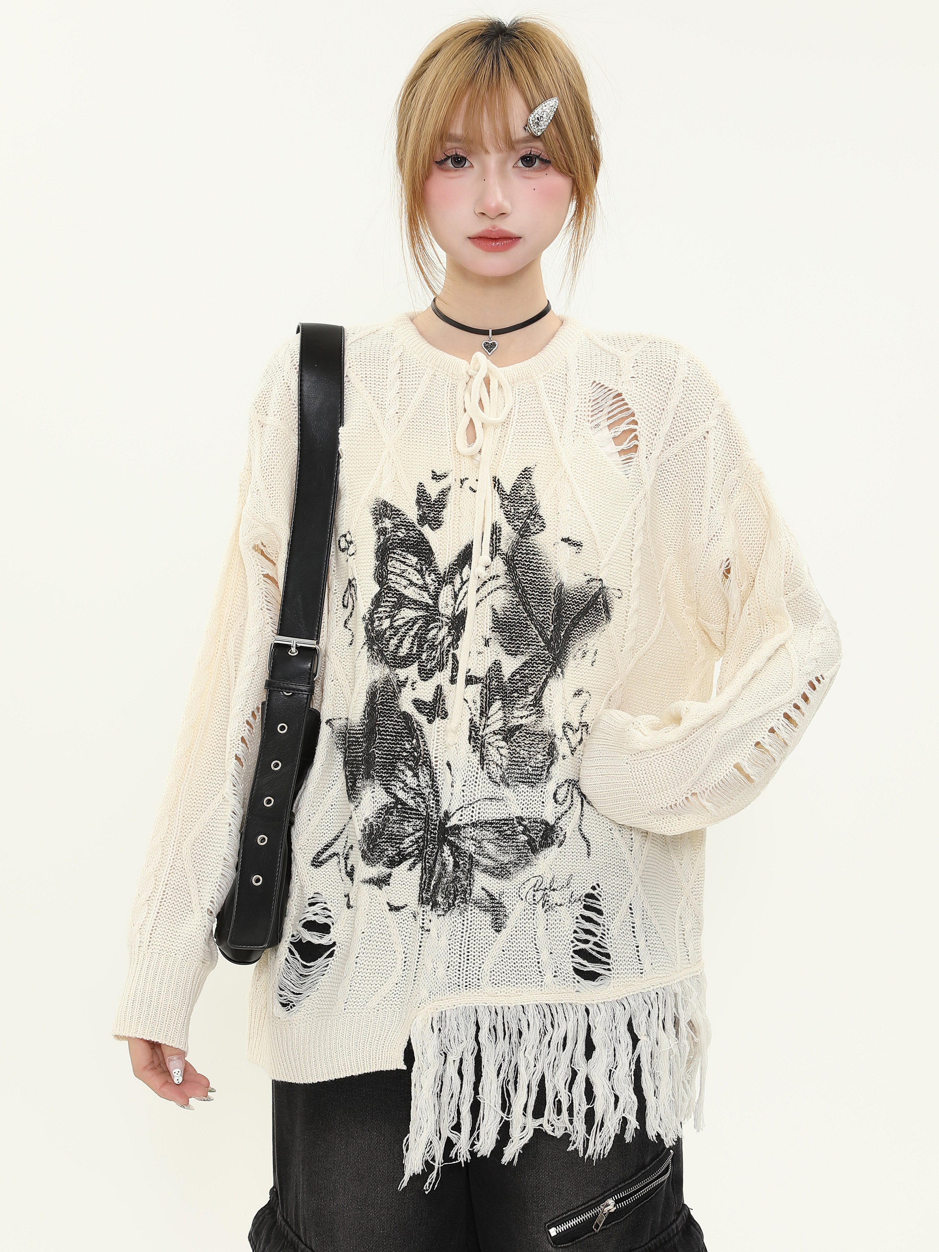 Vintage Butterfly Print Distressed Fringe Sweater for Women, Loose Knitted Pullover, Casual Spring Autumn Knitwear, Y2K Style