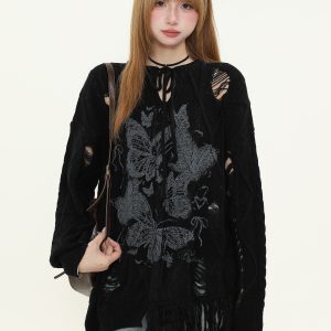 Vintage Butterfly Print Distressed Fringe Sweater for Women, Loose Knitted Pullover, Casual Spring Autumn Knitwear, Y2K Style