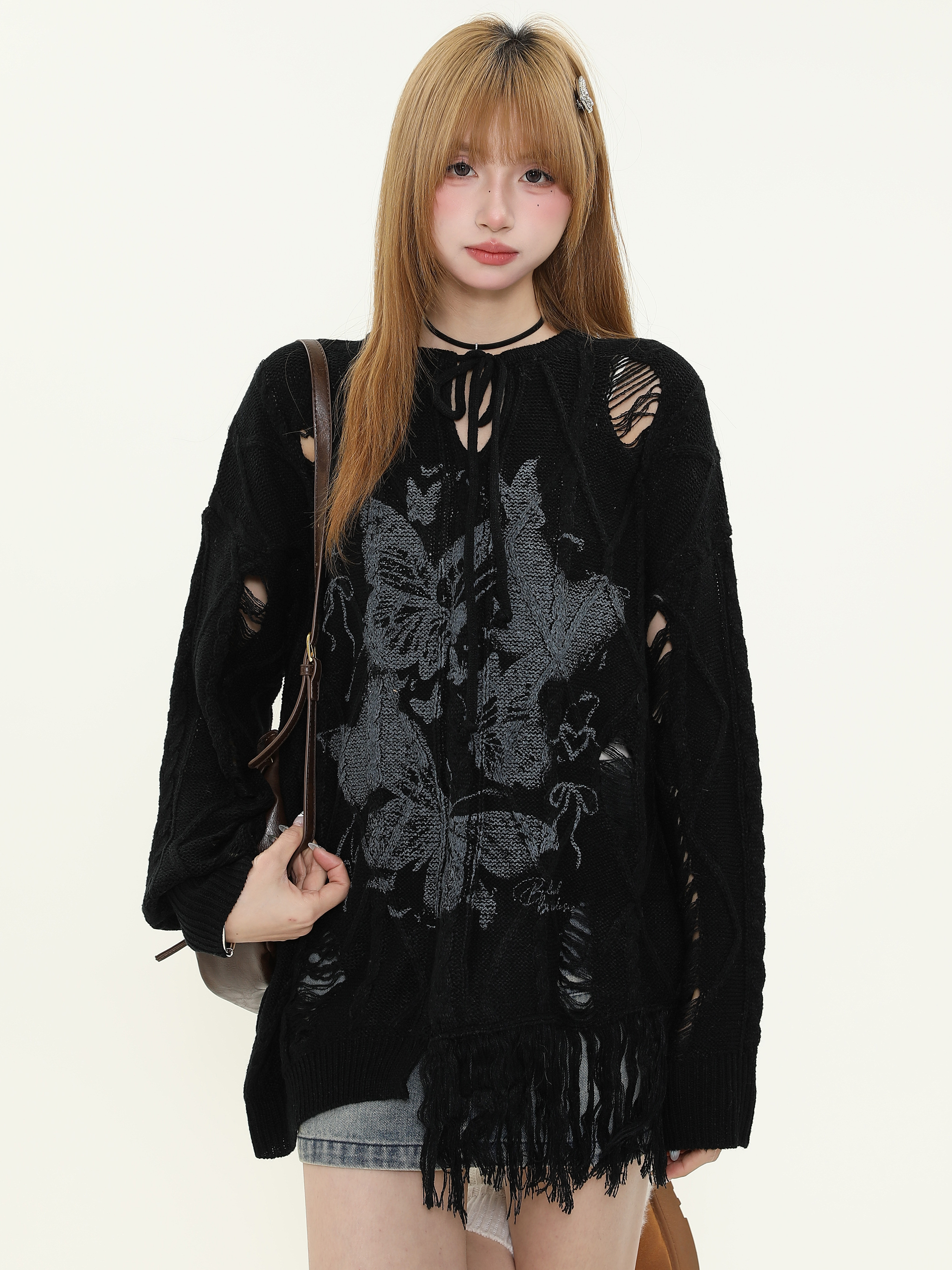 Vintage Butterfly Print Distressed Fringe Sweater for Women, Loose Knitted Pullover, Casual Spring Autumn Knitwear, Y2K Style