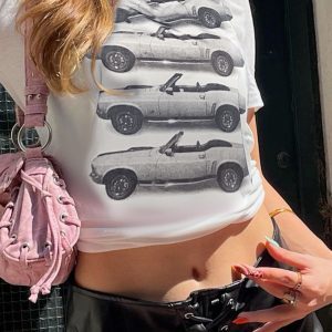 Vintage Car Print T-Shirt for Women, American Style, Regular Shoulder, Round Neck, Loose Fit, 90s Inspired White Top