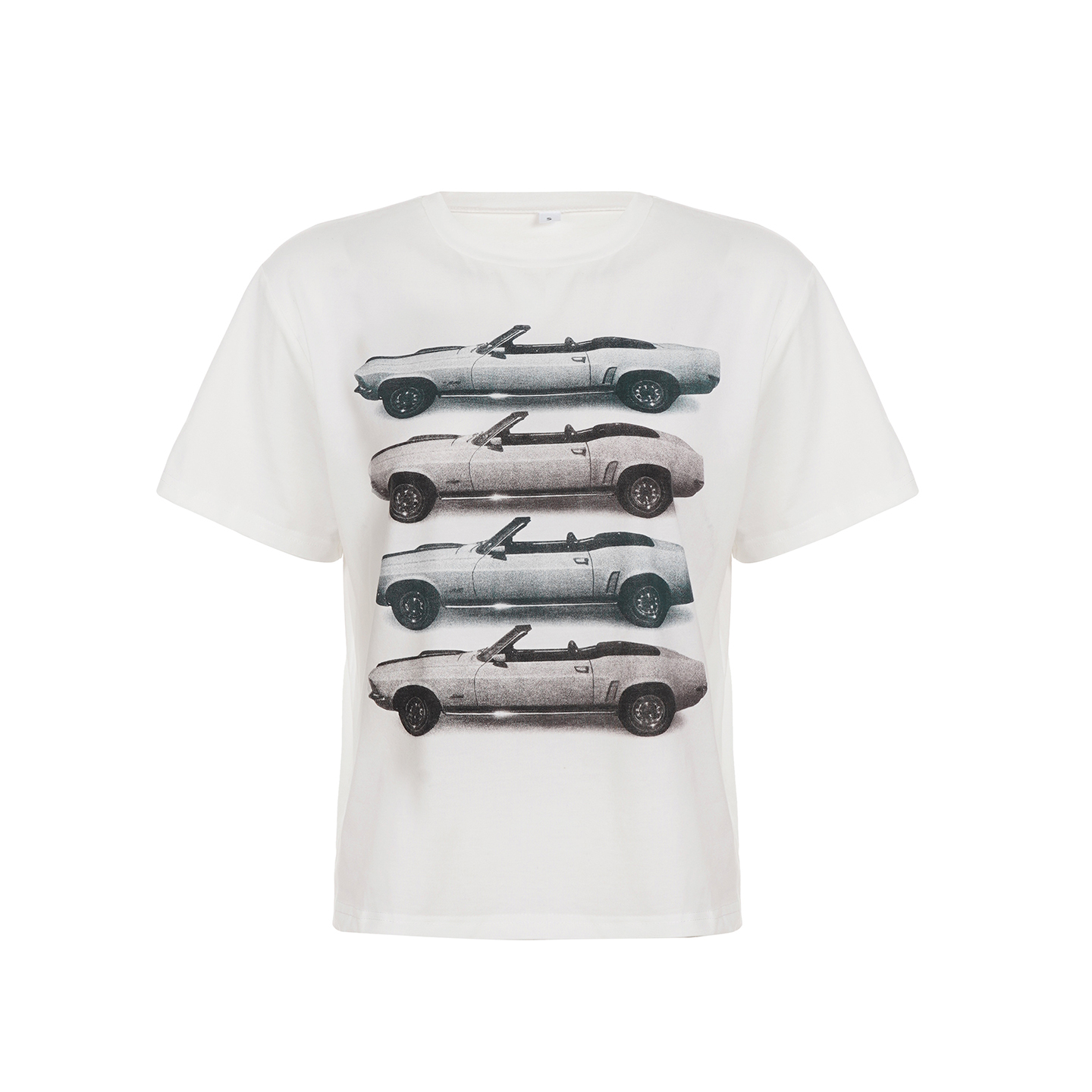 Vintage Car Print T-Shirt for Women, American Style, Regular Shoulder, Round Neck, Loose Fit, 90s Inspired White Top