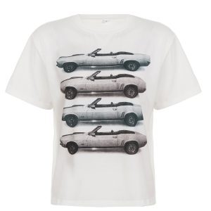 Vintage Car Print T-Shirt for Women, American Style, Regular Shoulder, Round Neck, Loose Fit, 90s Inspired White Top