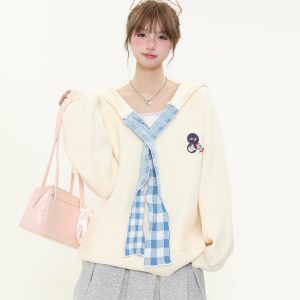 Vintage College Style Plaid Patchwork Hooded Sweater for Women - Loose Knitted Coat for Autumn Winter Casual Fashion