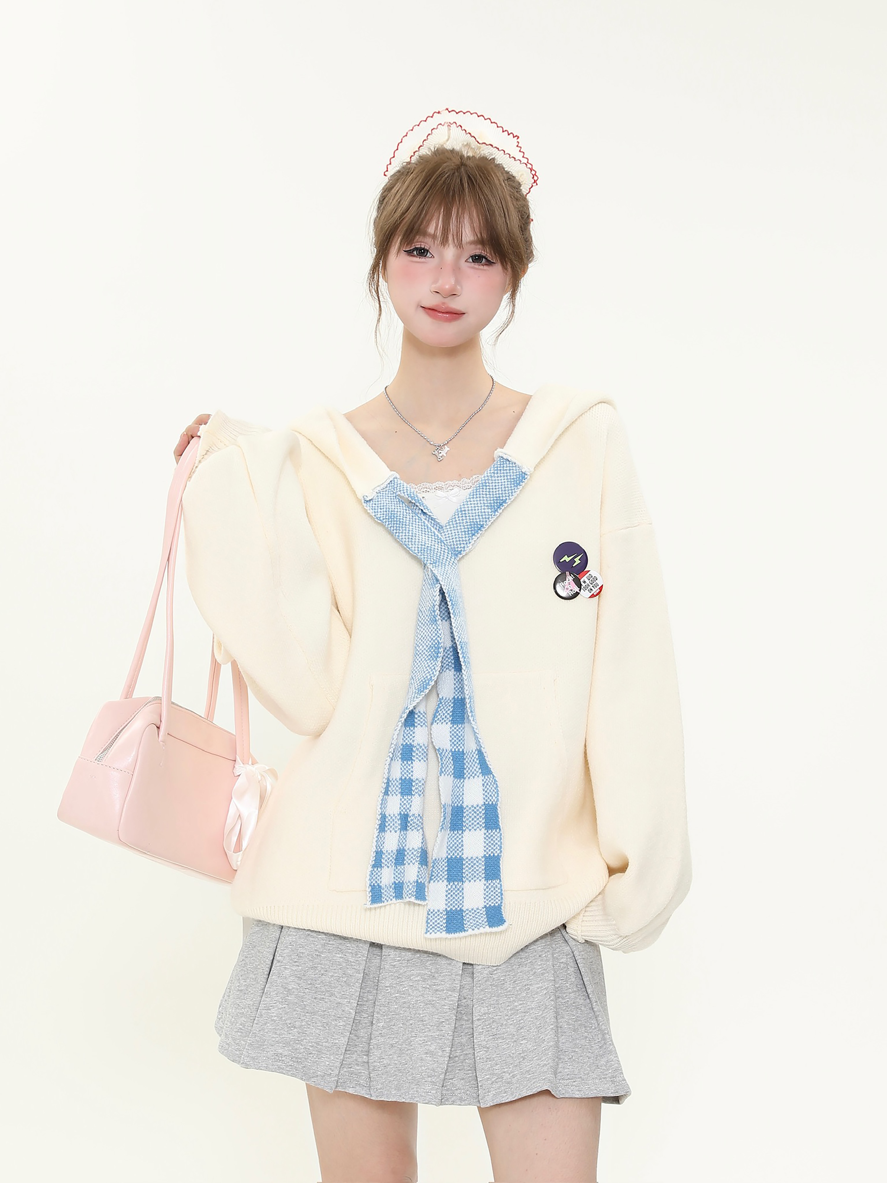 Vintage College Style Plaid Patchwork Hooded Sweater for Women - Loose Knitted Coat for Autumn Winter Casual Fashion
