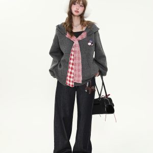 Vintage College Style Plaid Patchwork Hooded Sweater for Women - Loose Knitted Coat for Autumn Winter Casual Fashion