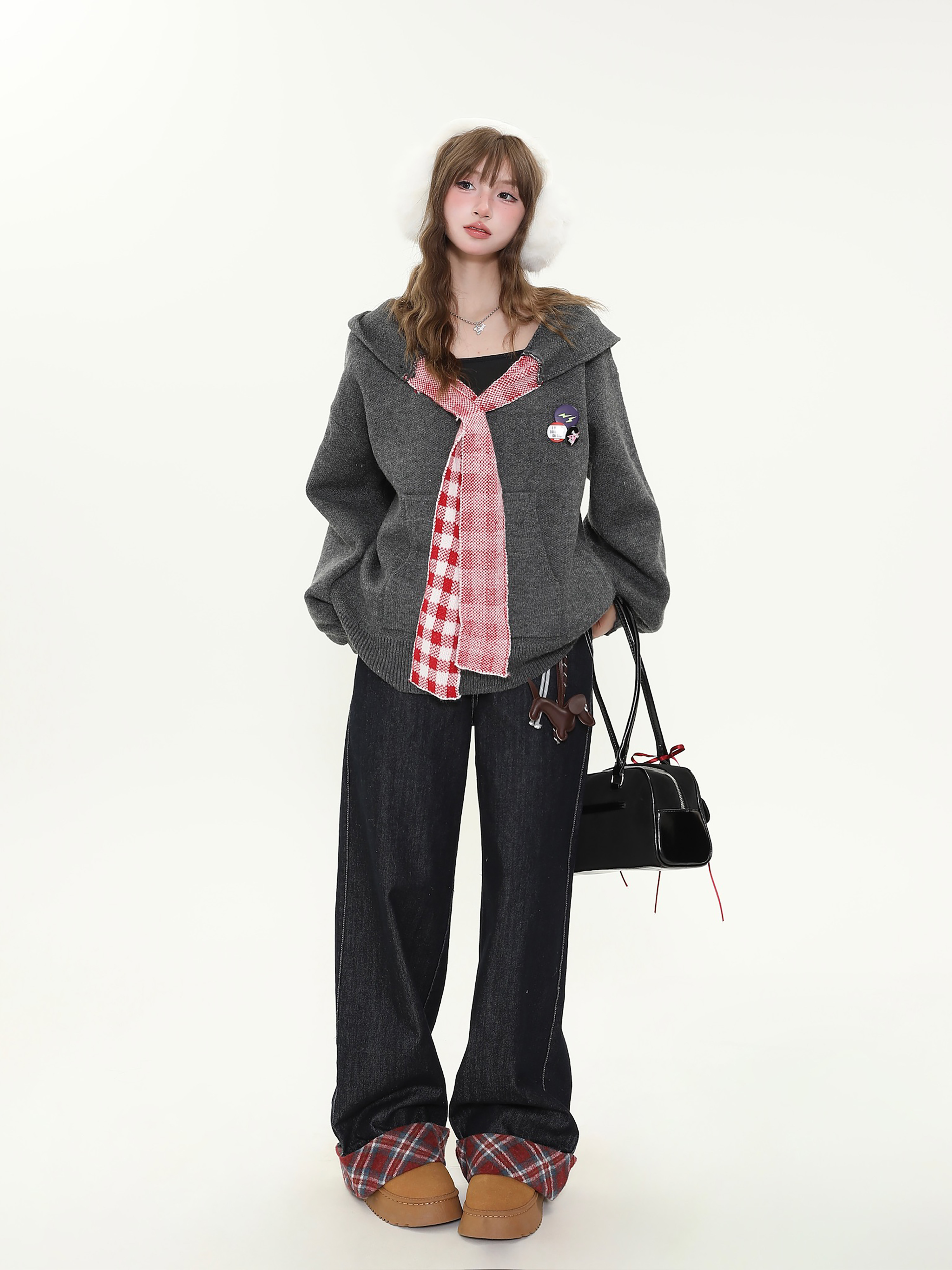 Vintage College Style Plaid Patchwork Hooded Sweater for Women - Loose Knitted Coat for Autumn Winter Casual Fashion