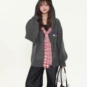 Vintage College Style Plaid Patchwork Hooded Sweater for Women - Loose Knitted Coat for Autumn Winter Casual Fashion