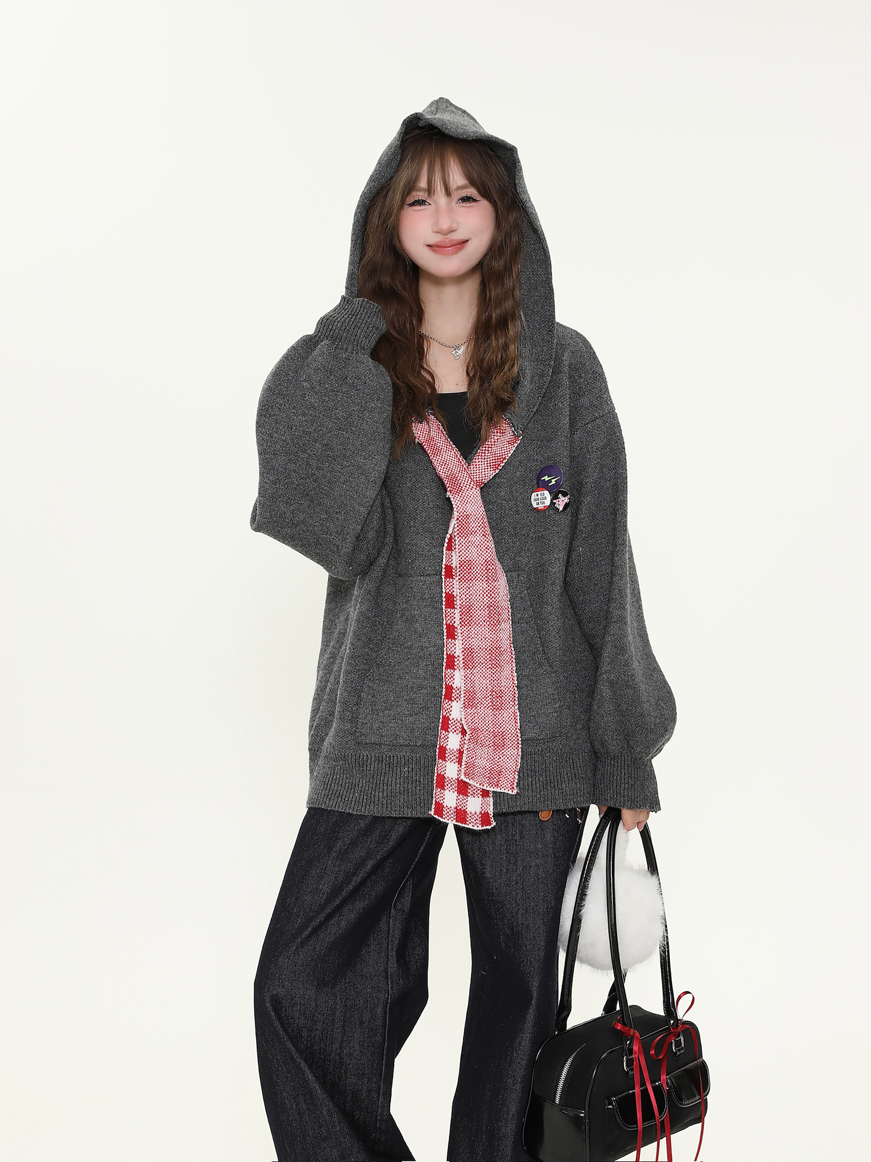 Vintage College Style Plaid Patchwork Hooded Sweater for Women - Loose Knitted Coat for Autumn Winter Casual Fashion