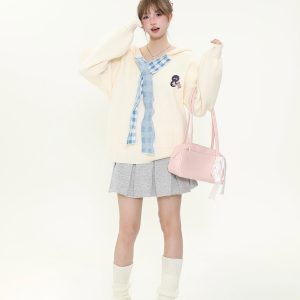 Vintage College Style Plaid Patchwork Hooded Sweater for Women - Loose Knitted Coat for Autumn Winter Casual Fashion