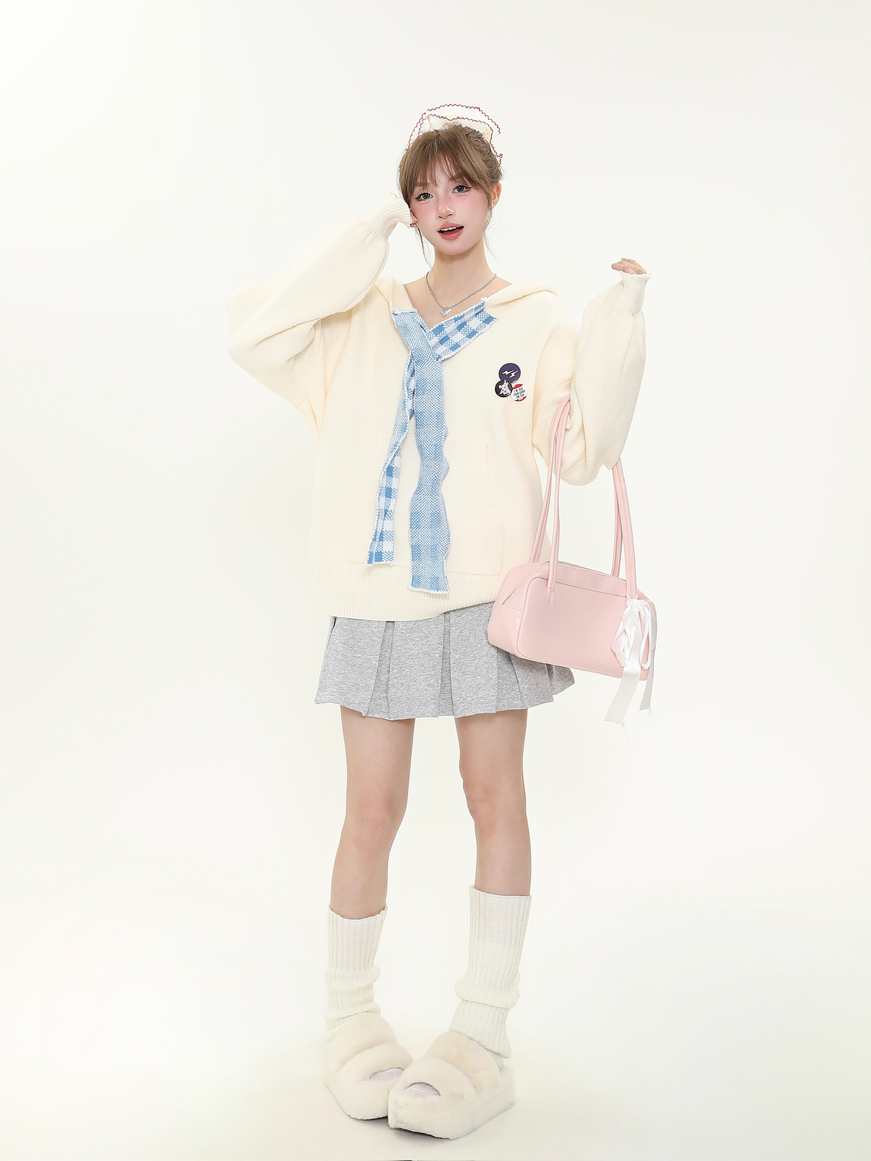 Vintage College Style Plaid Patchwork Hooded Sweater for Women - Loose Knitted Coat for Autumn Winter Casual Fashion