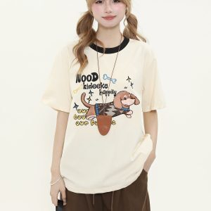Vintage Cute Dog Embroidery Color Block Round Neck Short Sleeve T-Shirt for Women - Summer Loose Fit Pure Cotton Top