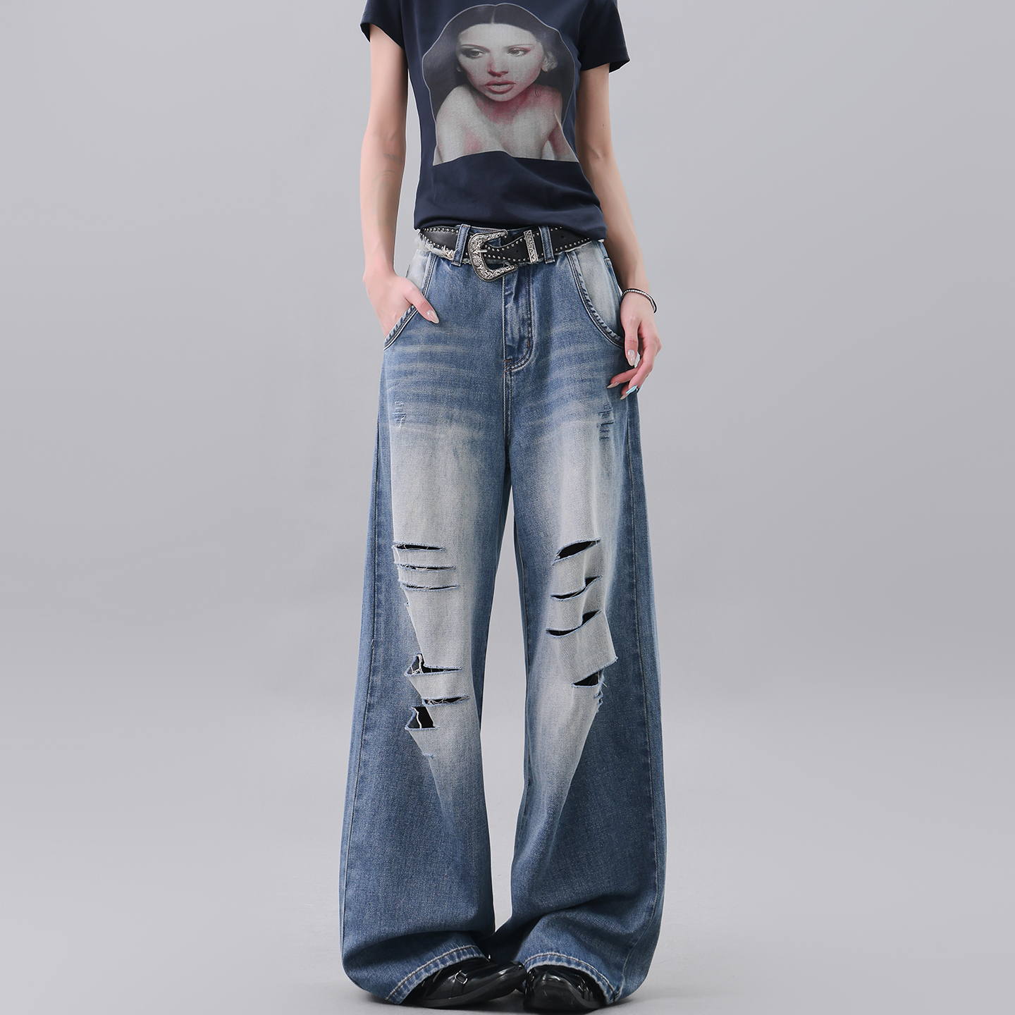 Vintage Deep Blue Cut-Out Ripped Jeans for Women - Loose Slimming Floor-Length Wide-Leg Pants, Y2K Style