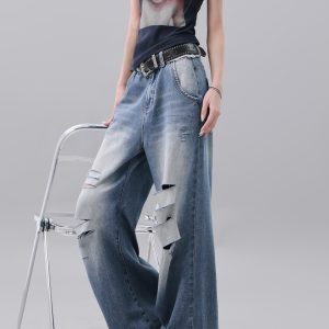 Vintage Deep Blue Cut-Out Ripped Jeans for Women - Loose Slimming Floor-Length Wide-Leg Pants, Y2K Style