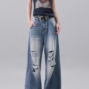 Vintage Deep Blue Cut-Out Ripped Jeans for Women - Loose Slimming Floor-Length Wide-Leg Pants, Y2K Style