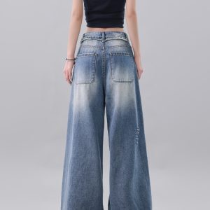 Vintage Deep Blue Cut-Out Ripped Jeans for Women - Loose Slimming Floor-Length Wide-Leg Pants, Y2K Style