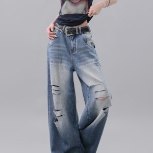 Vintage Deep Blue Cut-Out Ripped Jeans for Women - Loose Slimming Floor-Length Wide-Leg Pants, Y2K Style