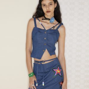 Vintage Denim Half Skirt with Waist Tie, Embroidered Slim-Fit Mini Skirt for Hot Girl Aesthetic, Y2K Style Fashion