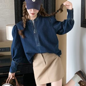 Vintage Denim Short Jacket for Women - Half-Zip Casual Top, Spring Autumn 2025 Fashion, Trendy Retro Style