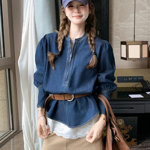 Vintage Denim Short Jacket for Women - Half-Zip Casual Top, Spring Autumn 2025 Fashion, Trendy Retro Style