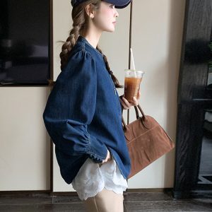Vintage Denim Short Jacket for Women - Half-Zip Casual Top, Spring Autumn 2025 Fashion, Trendy Retro Style