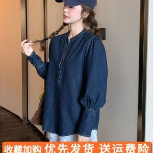 Vintage Denim Short Jacket for Women - Half-Zip Casual Top, Spring Autumn 2025 Fashion, Trendy Retro Style