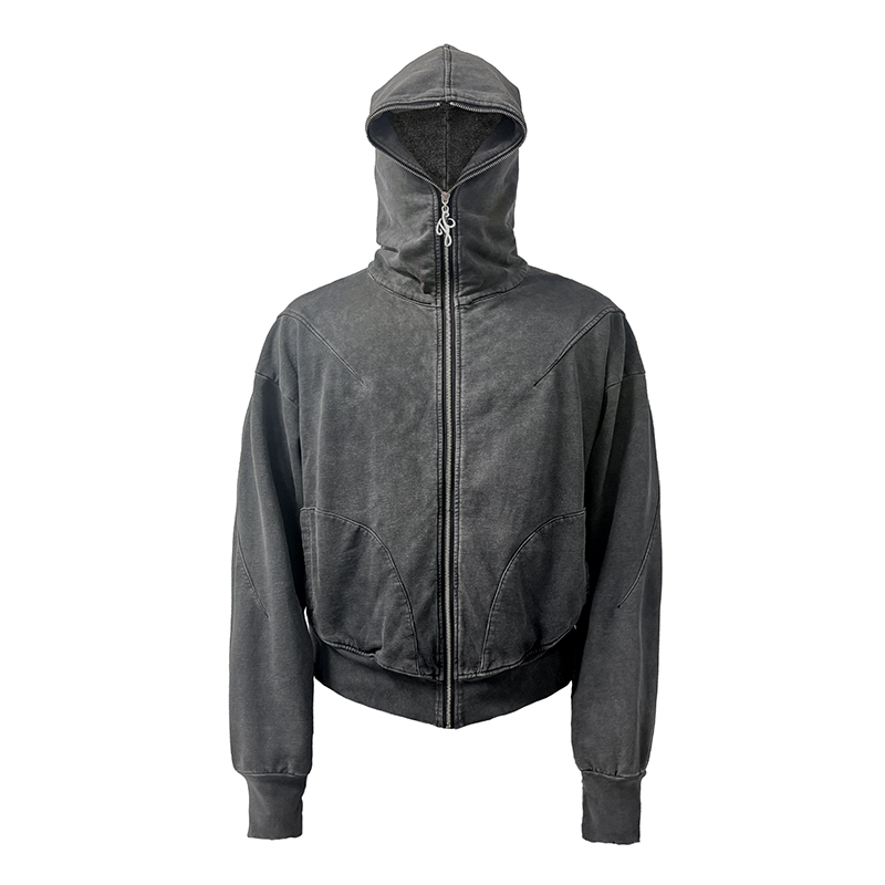 Vintage Dirty Wash Zipper Hoodie - Short Boxy Fit, Relaxed Streetwear Style, Retro Vagrancy Design, Trendy Urban Fashion