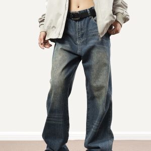 Vintage Distressed Cat Whisker Straight-Leg Jeans for Men and Women - American Style Loose-Fitting Slimming Denim Pants
