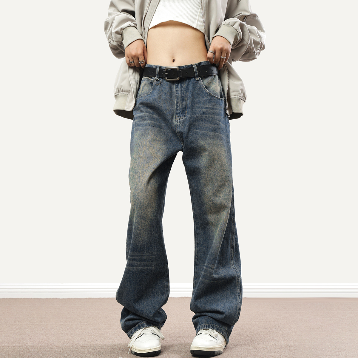 Vintage Distressed Cat Whisker Straight-Leg Jeans for Men and Women - American Style Loose-Fitting Slimming Denim Pants