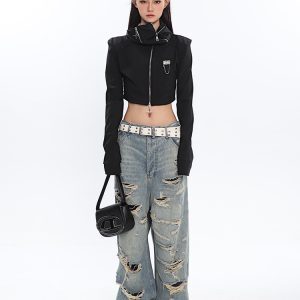 Vintage Distressed High-Waisted Jeans for Women - Ripped Design, Spring Fashion, 90s Inspired Long Pants