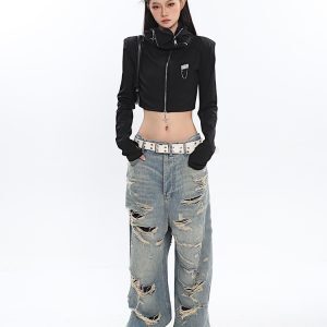 Vintage Distressed High-Waisted Jeans for Women - Ripped Design, Spring Fashion, 90s Inspired Long Pants