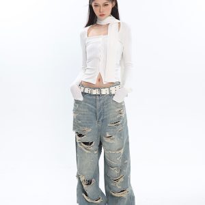 Vintage Distressed High-Waisted Jeans for Women - Ripped Design, Spring Fashion, 90s Inspired Long Pants