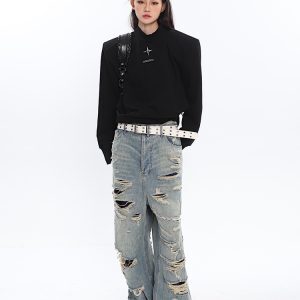 Vintage Distressed High-Waisted Jeans for Women - Ripped Design, Spring Fashion, 90s Inspired Long Pants