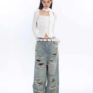 Vintage Distressed High-Waisted Jeans for Women - Ripped Design, Spring Fashion, 90s Inspired Long Pants