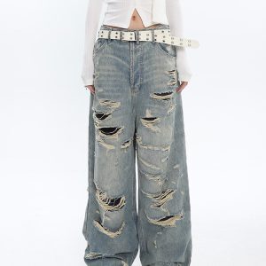 Vintage Distressed High-Waisted Jeans for Women - Ripped Design, Spring Fashion, 90s Inspired Long Pants
