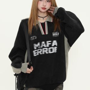 Vintage Distressed Letter Print Polo Shirt for Women - Spring Loose Fit Couple's Polo Top, American Style Fashion