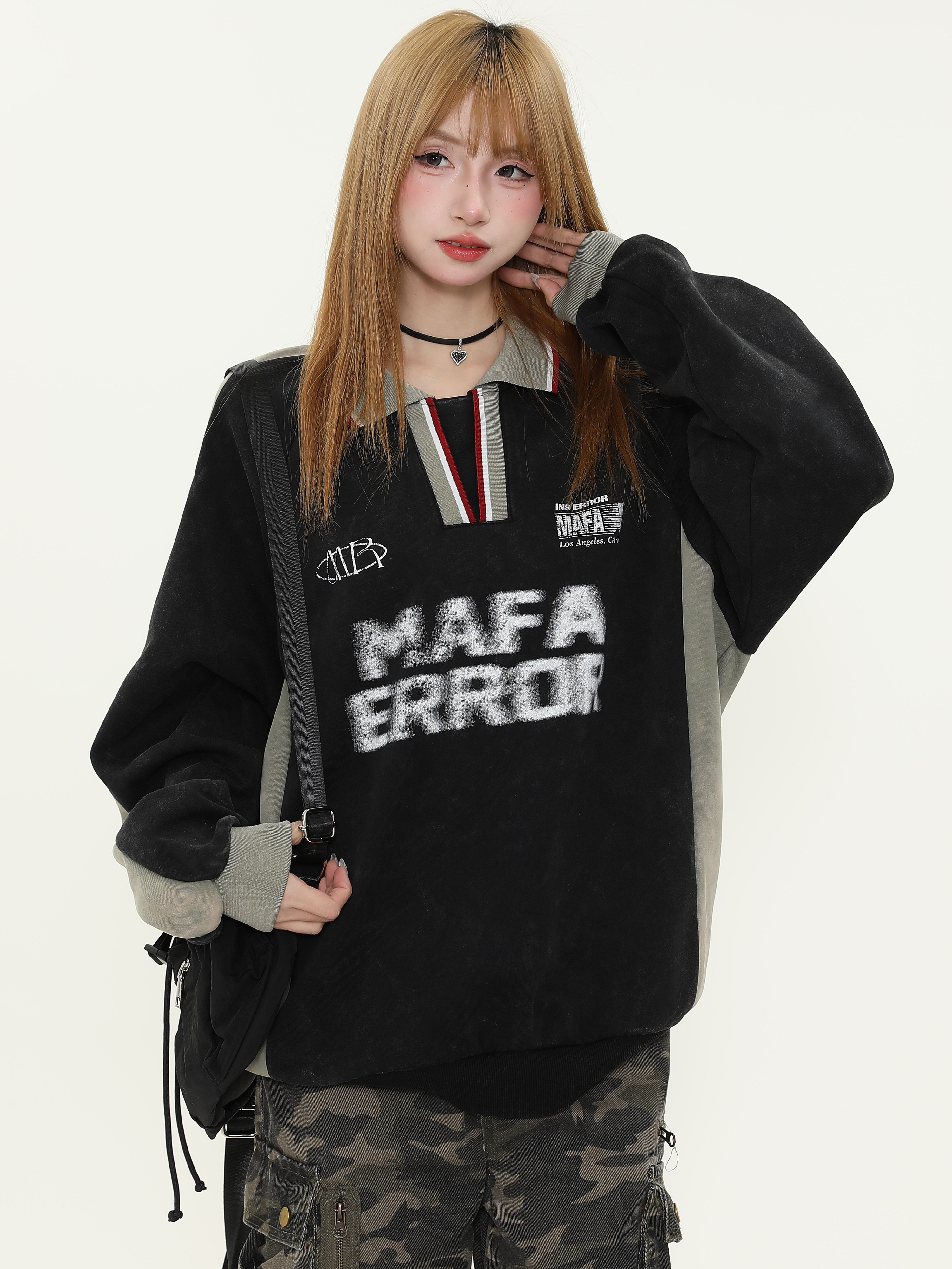 Vintage Distressed Letter Print Polo Shirt for Women - Spring Loose Fit Couple's Polo Top, American Style Fashion