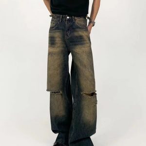 Vintage Distressed Loose Straight Leg Jeans for Men - Washed Floor-Length Casual Pants, 90s Inspired Fashion