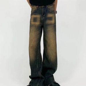 Vintage Distressed Loose Straight Leg Jeans for Men - Washed Floor-Length Casual Pants, 90s Inspired Fashion