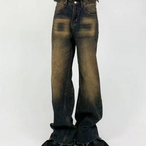 Vintage Distressed Loose Straight Leg Jeans for Men - Washed Floor-Length Casual Pants, 90s Inspired Fashion