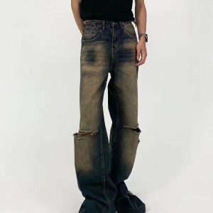 Vintage Distressed Loose Straight Leg Jeans for Men - Washed Floor-Length Casual Pants, 90s Inspired Fashion
