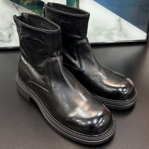 Vintage Distressed Mid-Calf Martin Boots for Women - Chunky Heel, Back Zipper, Versatile Black Cowhide Footwear