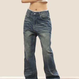 Vintage Distressed Straight-Leg Floor-Length Jeans for Women - Slimming Versatile Wash - European American Style Fashion Pants